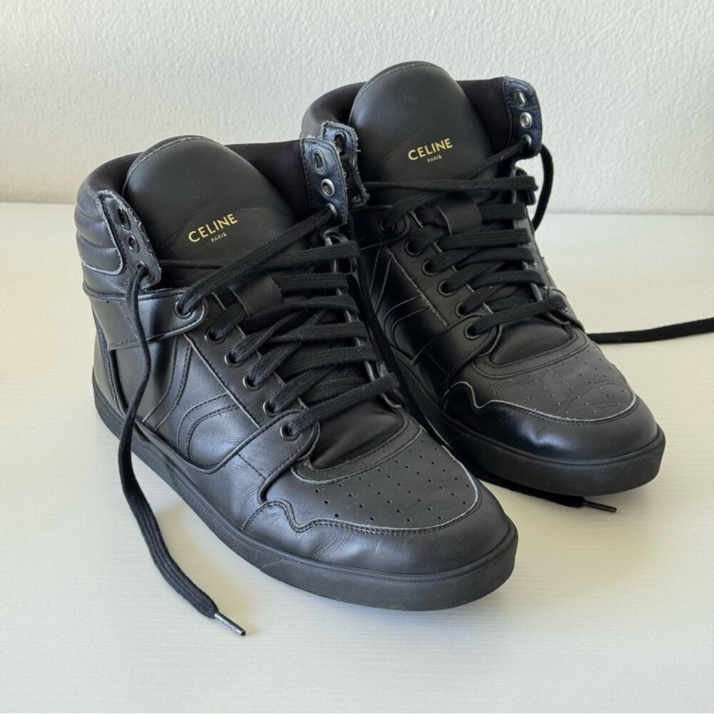 CELINE Black Leather High-Top Sneakers – Size 40, Like New!